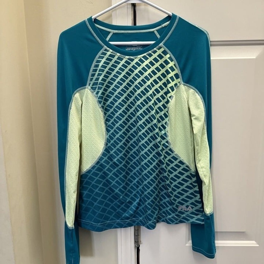 FILA Sport Running Teal Green Long Sleeve T-Shirt  Crew Neck White Womens Size M